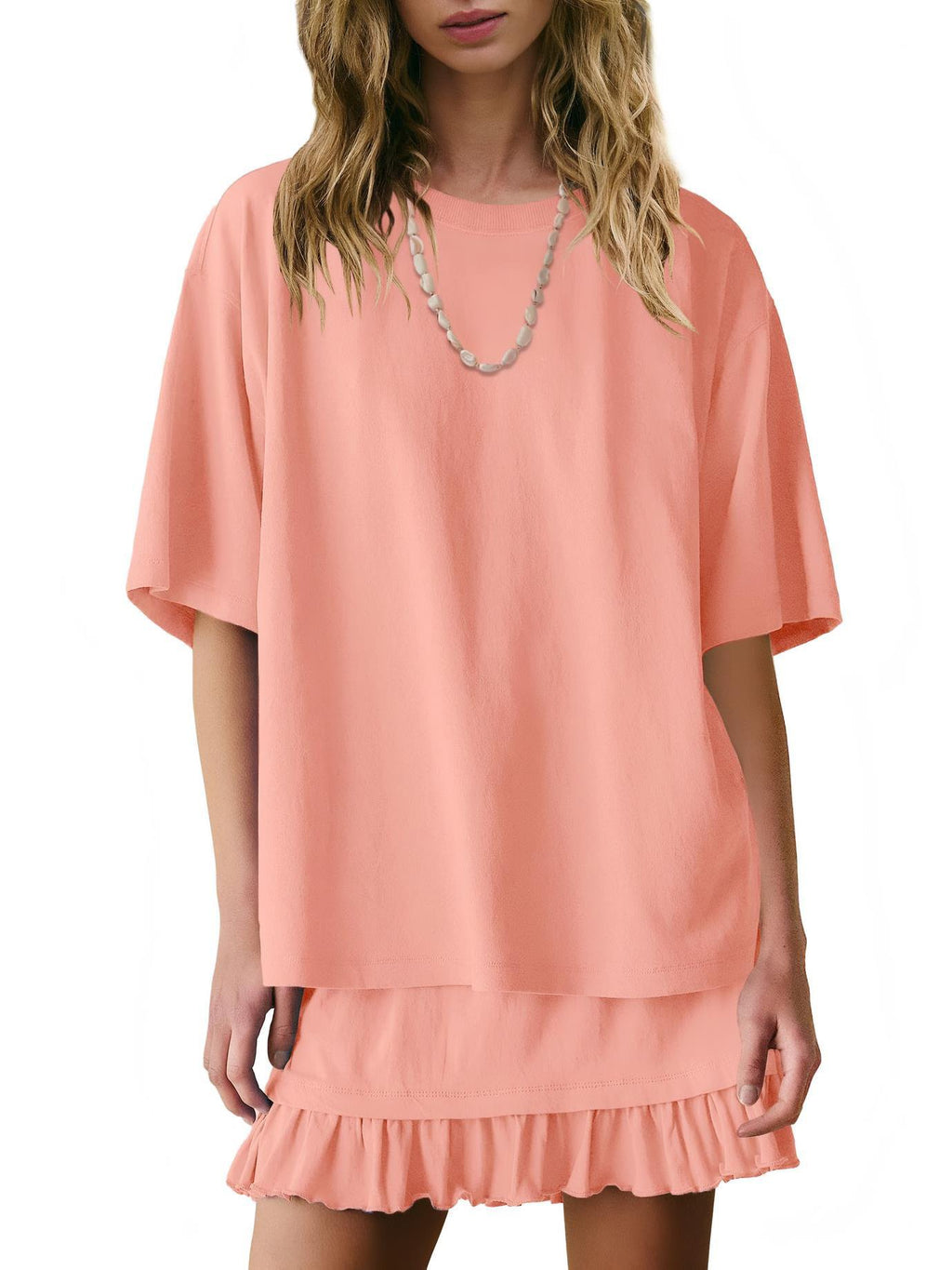 Relaxed Tee And Frill Skirt Lounge Set - Pink