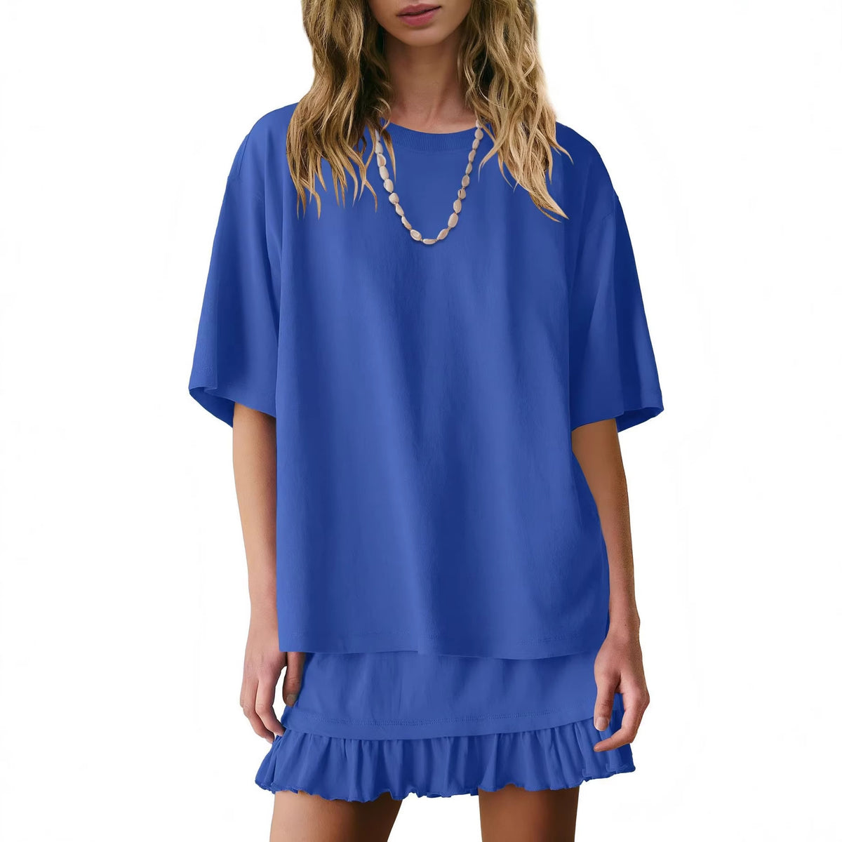 Relaxed Tee And Frill Skirt Lounge Set - RoyalBlue