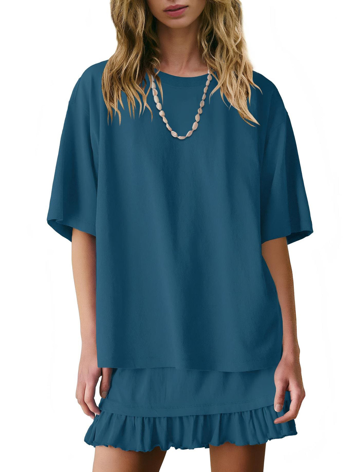 Relaxed Tee And Frill Skirt Lounge Set - SeaBlue