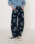 Printed Barrel Leg Mid Rise Denim Jeans - Black