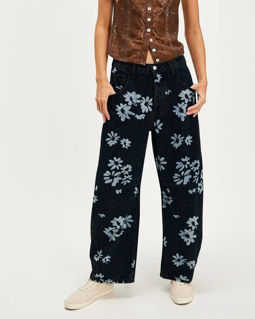Printed Barrel Leg Mid Rise Denim Jeans - Black - 1