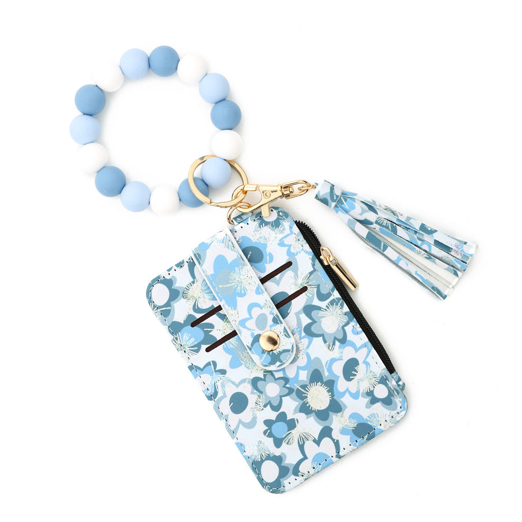 Daisy Floral Card Holder Wristlet Keychain - Blue