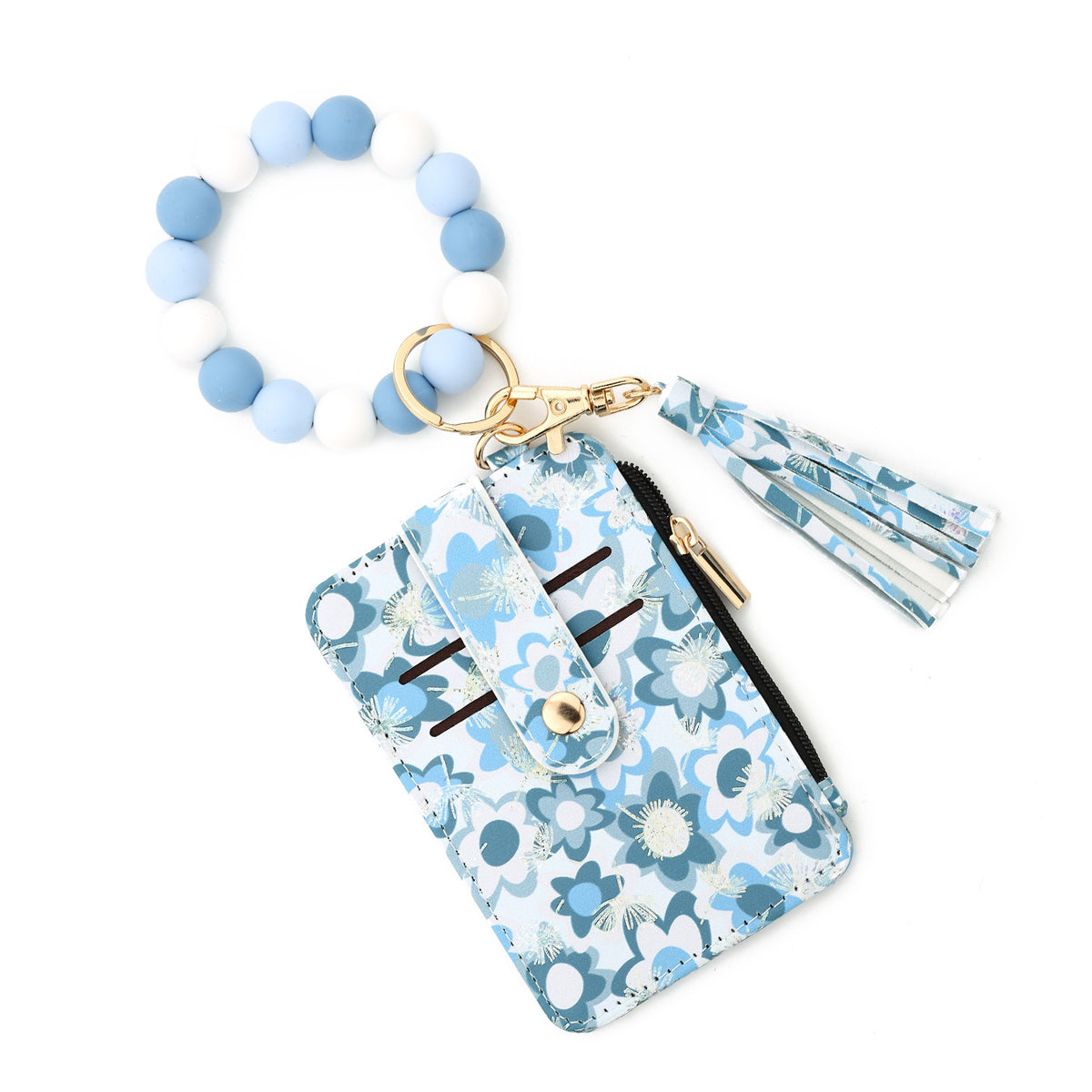 Daisy Floral Card Holder Wristlet Keychain - Blue