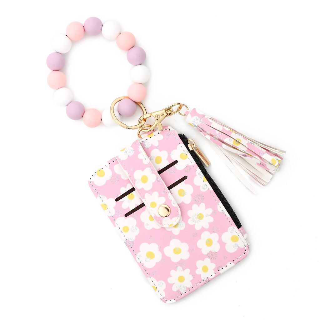 Daisy Floral Card Holder Wristlet Keychain - Pink