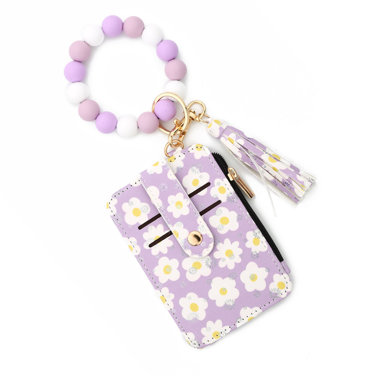Daisy Floral Card Holder Wristlet Keychain - Purple-1