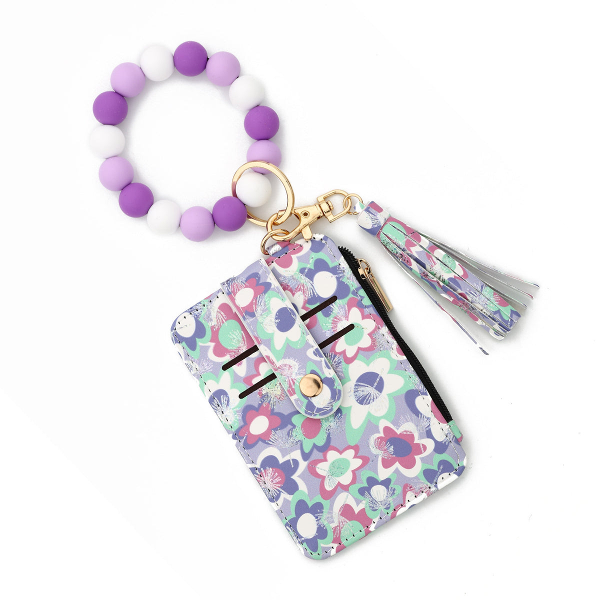 Daisy Floral Card Holder Wristlet Keychain - Purple-3