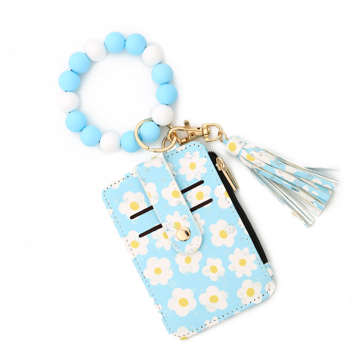 Daisy Floral Card Holder Wristlet Keychain - SkyBlue
