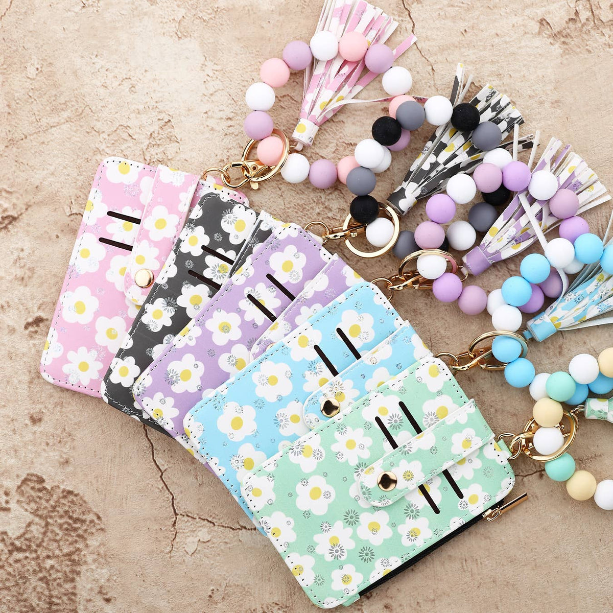 Daisy Floral Card Holder Wristlet Keychain