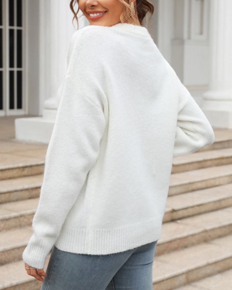 Soft Crewneck Balloon Sleeve Knit Sweater - White - 3