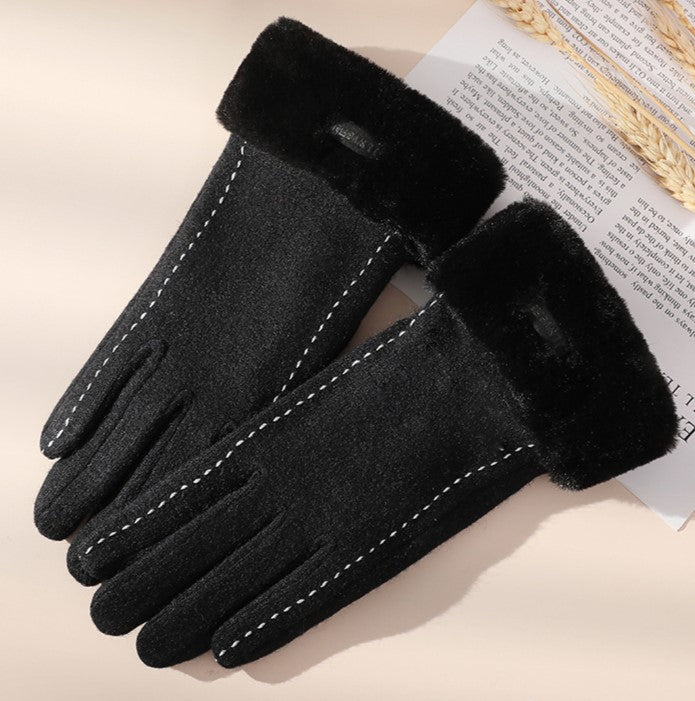 Faux Fur Cuff Suede Winter Gloves - Black