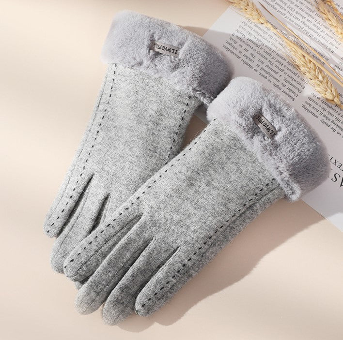 Faux Fur Cuff Suede Winter Gloves - Grey