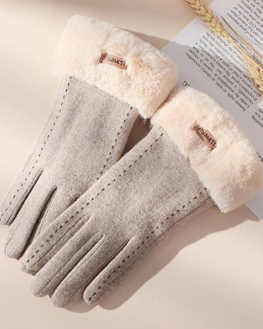 Faux Fur Cuff Suede Winter Gloves - Khaki