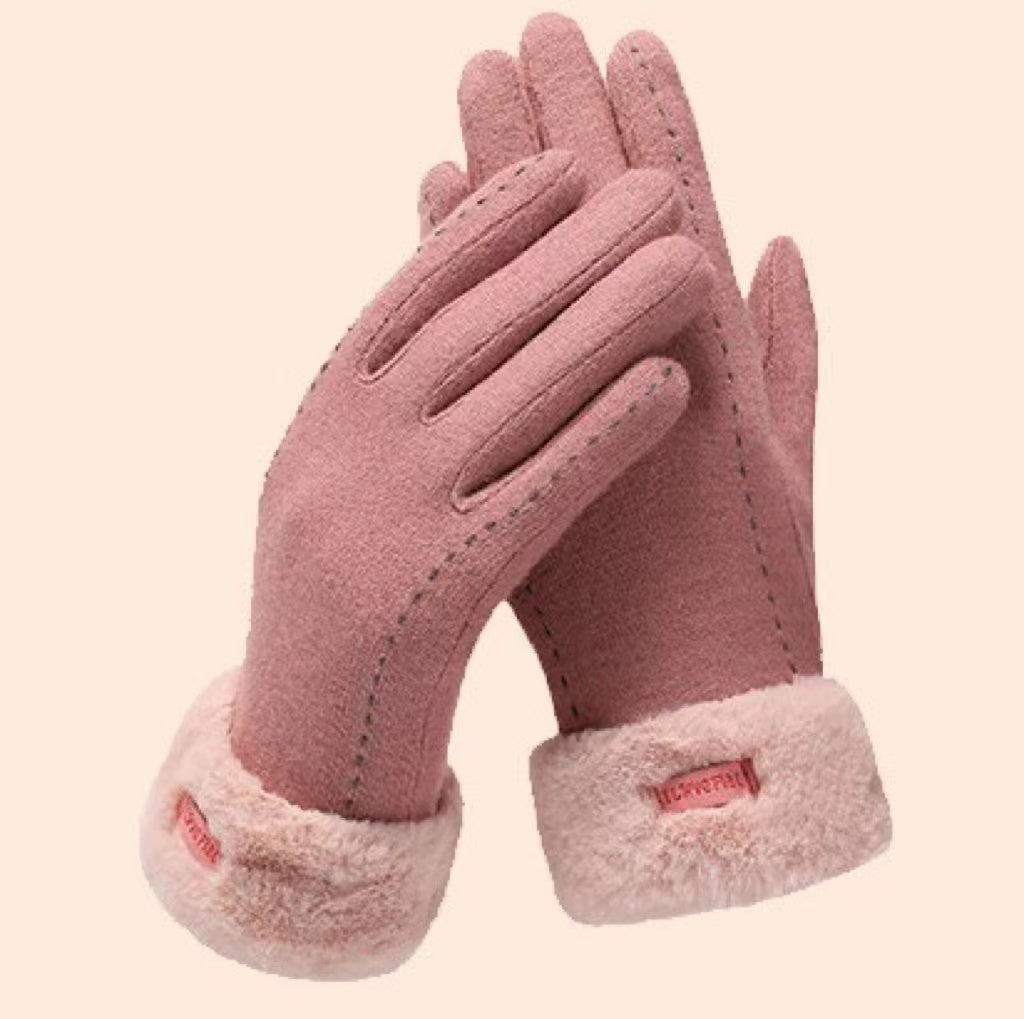 Faux Fur Cuff Suede Winter Gloves - Pink