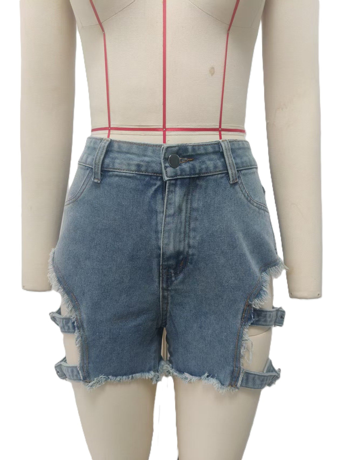 Buckle Cutout Raw Hem Denim Shorts - Blue - 1