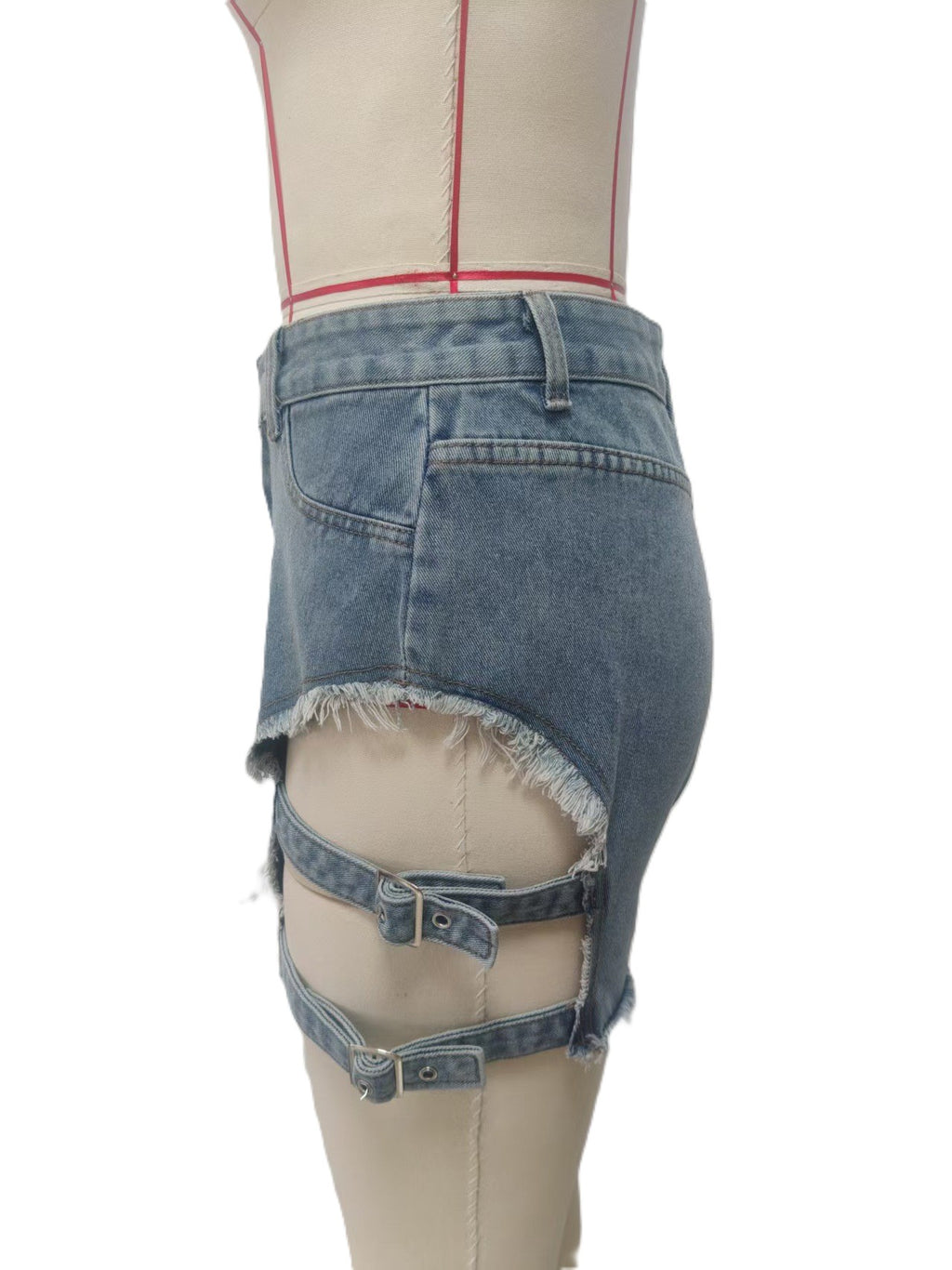 Buckle Cutout Raw Hem Denim Shorts - Blue - 2
