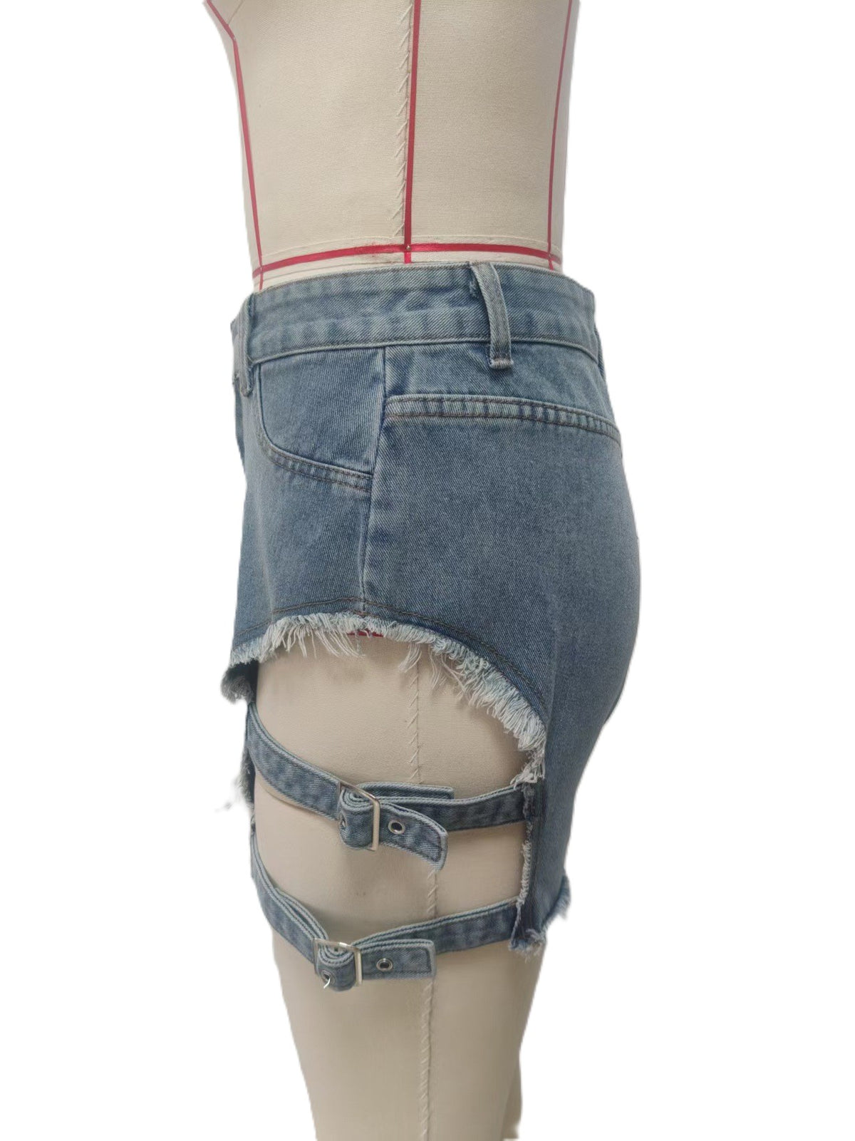 Buckle Cutout Raw Hem Denim Shorts - Blue - 2