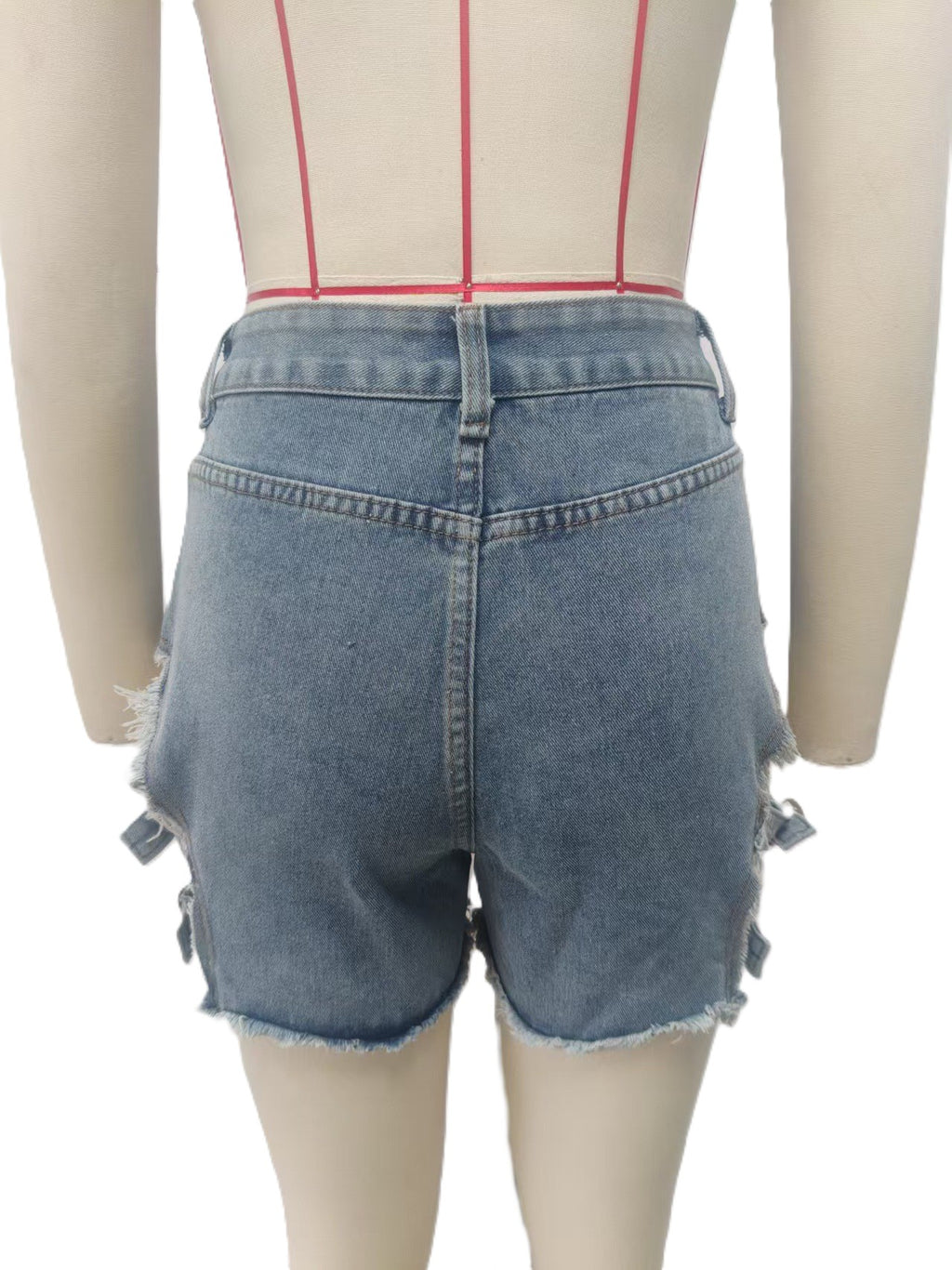 Buckle Cutout Raw Hem Denim Shorts - Blue - 3