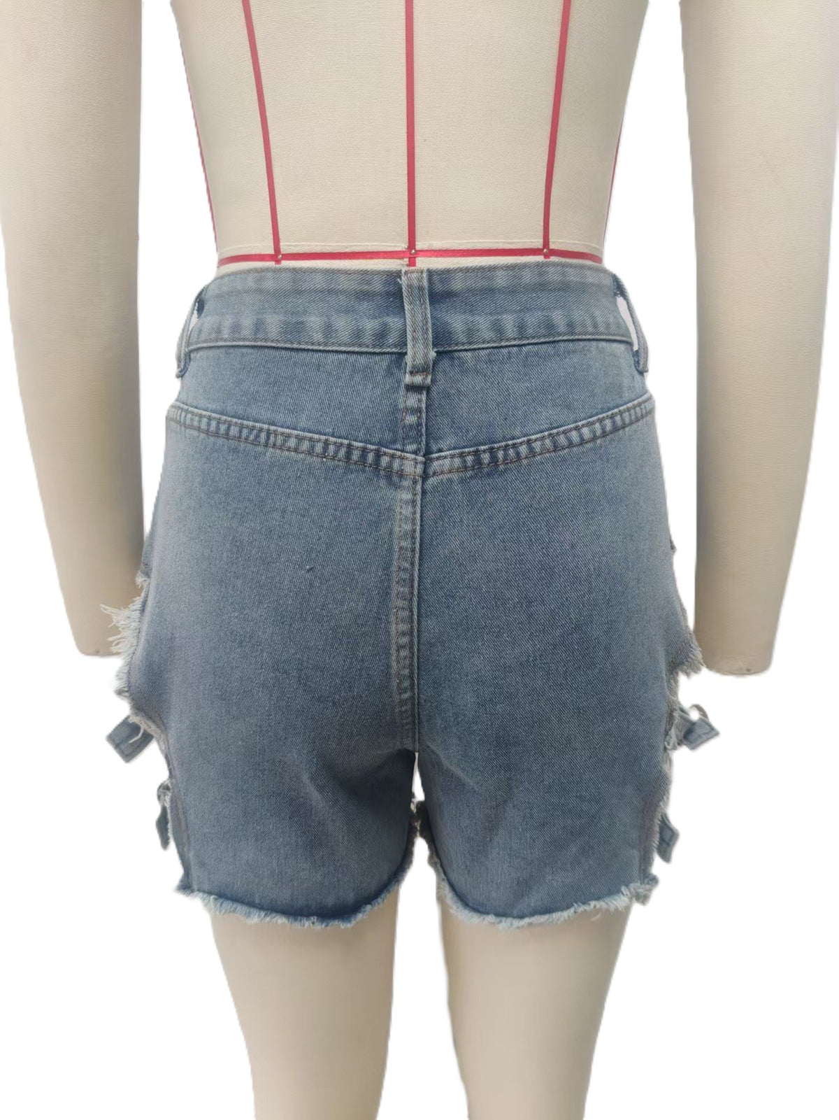 Buckle Cutout Raw Hem Denim Shorts - Blue - 3