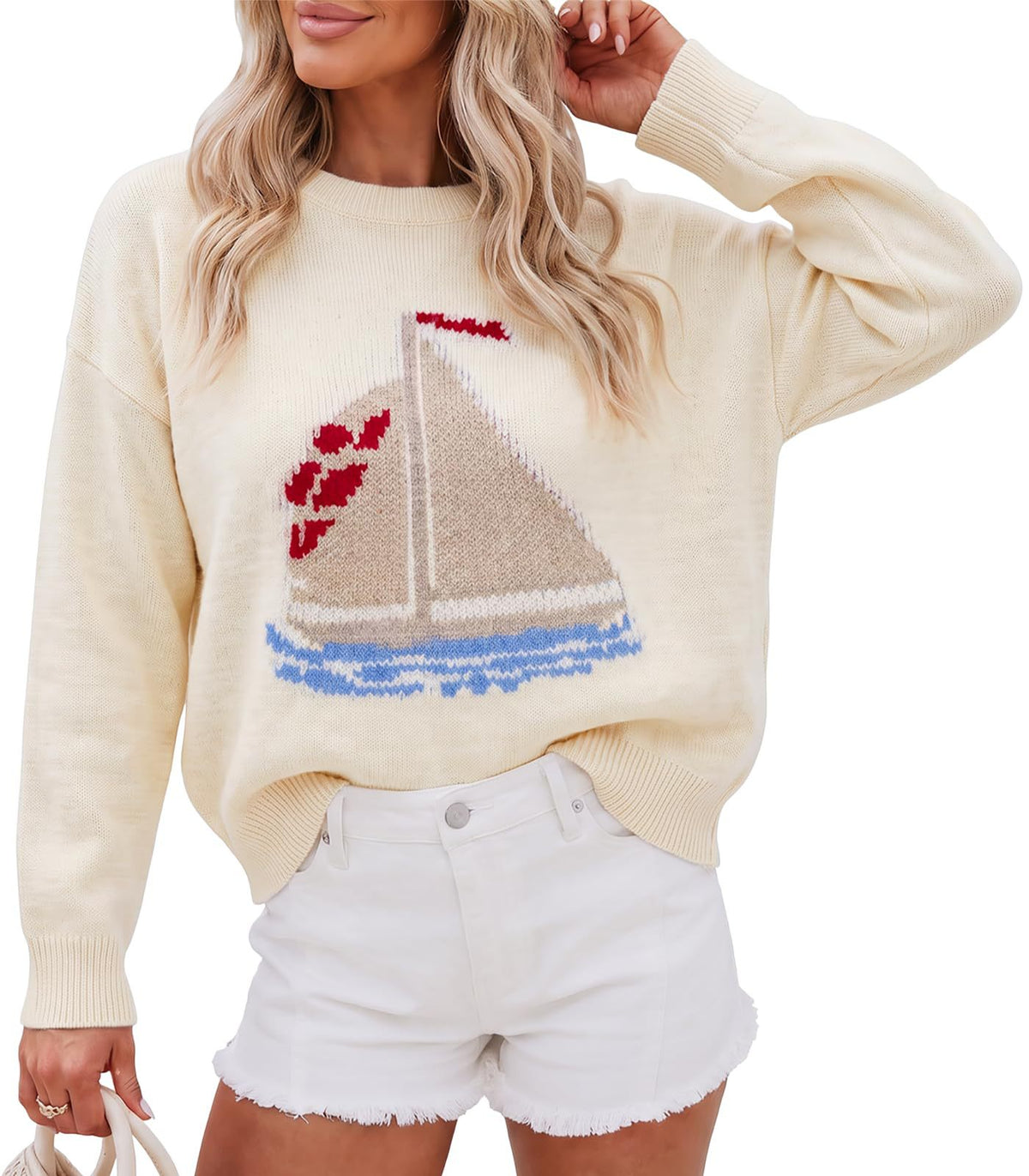 Nautical Sailboat Intarsia Sweater Relaxed Fit - Beige
