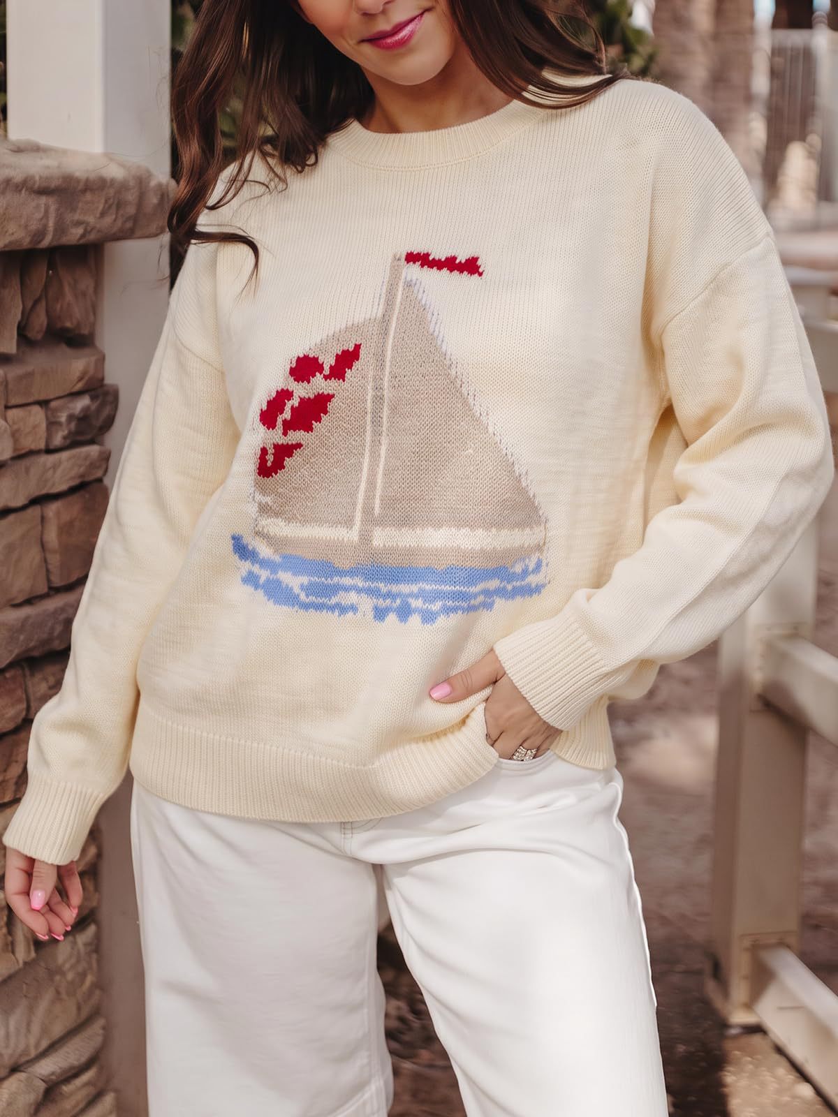 Nautical Sailboat Intarsia Sweater Relaxed Fit - Beige - 1