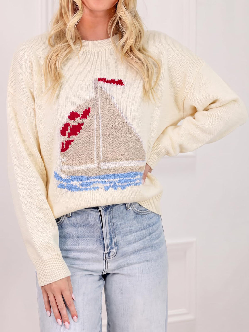Nautical Sailboat Intarsia Sweater Relaxed Fit - Beige - 2