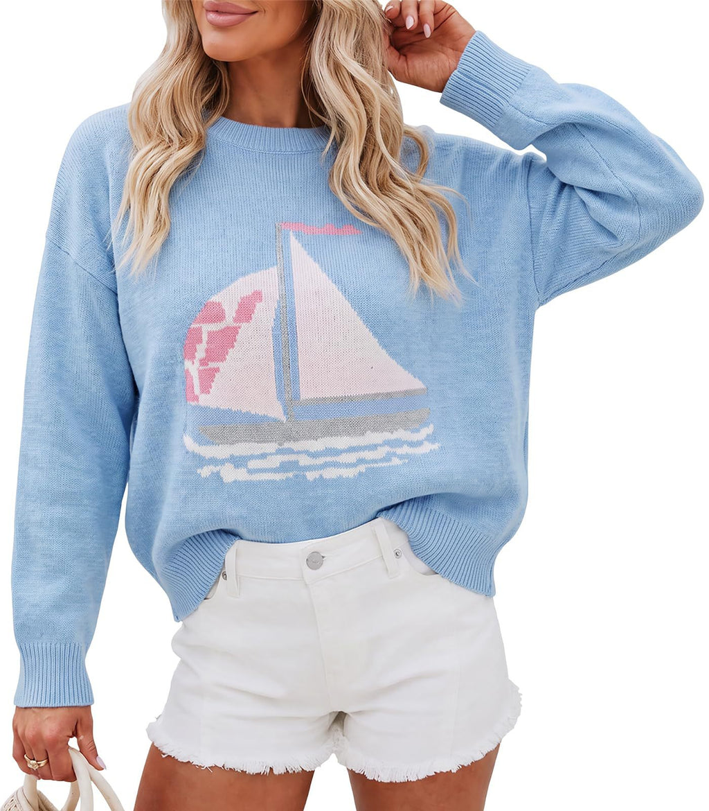 Nautical Sailboat Intarsia Sweater Relaxed Fit - Blue