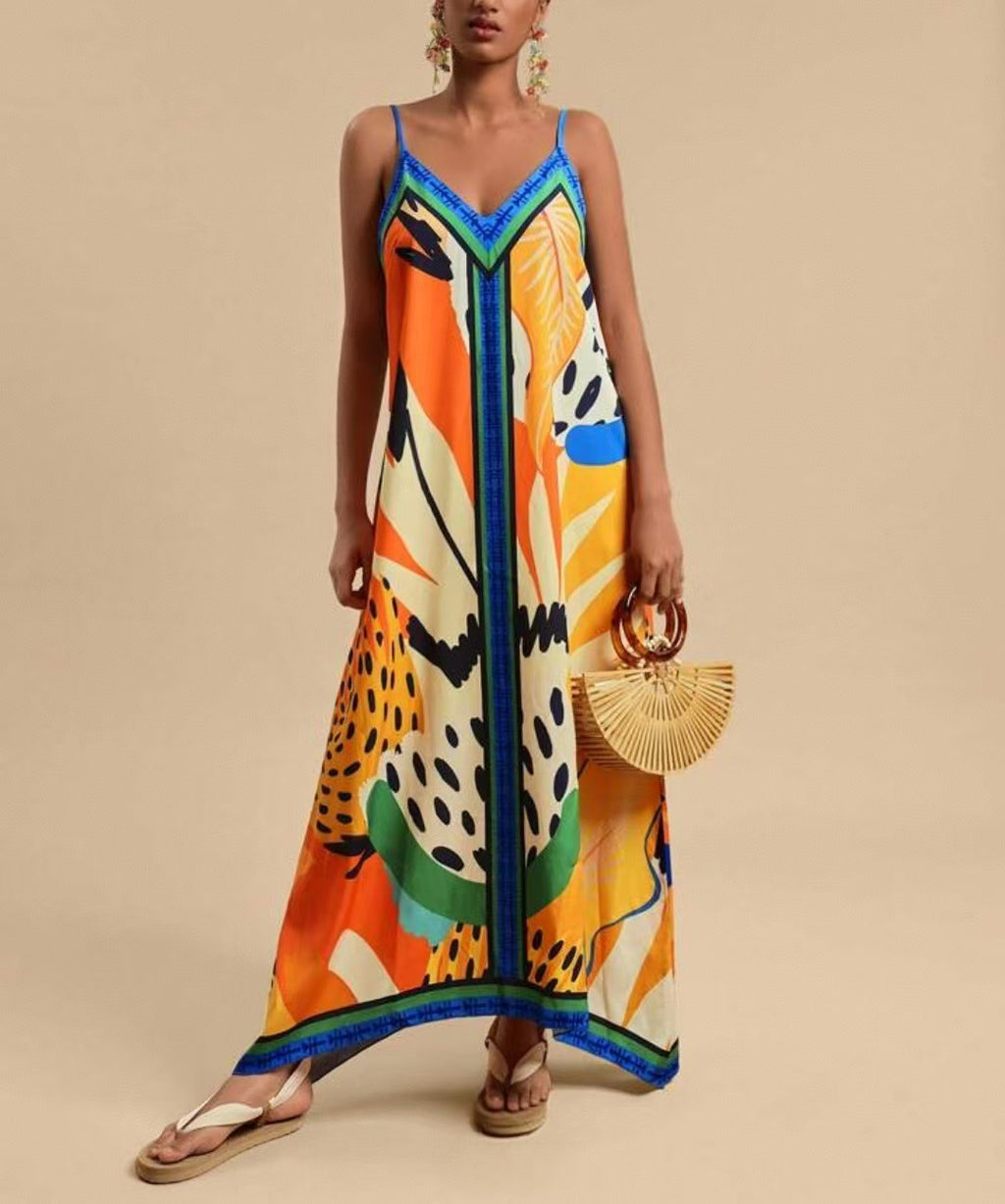 Bordered Tropical Print Slip Maxi Dress - Printed