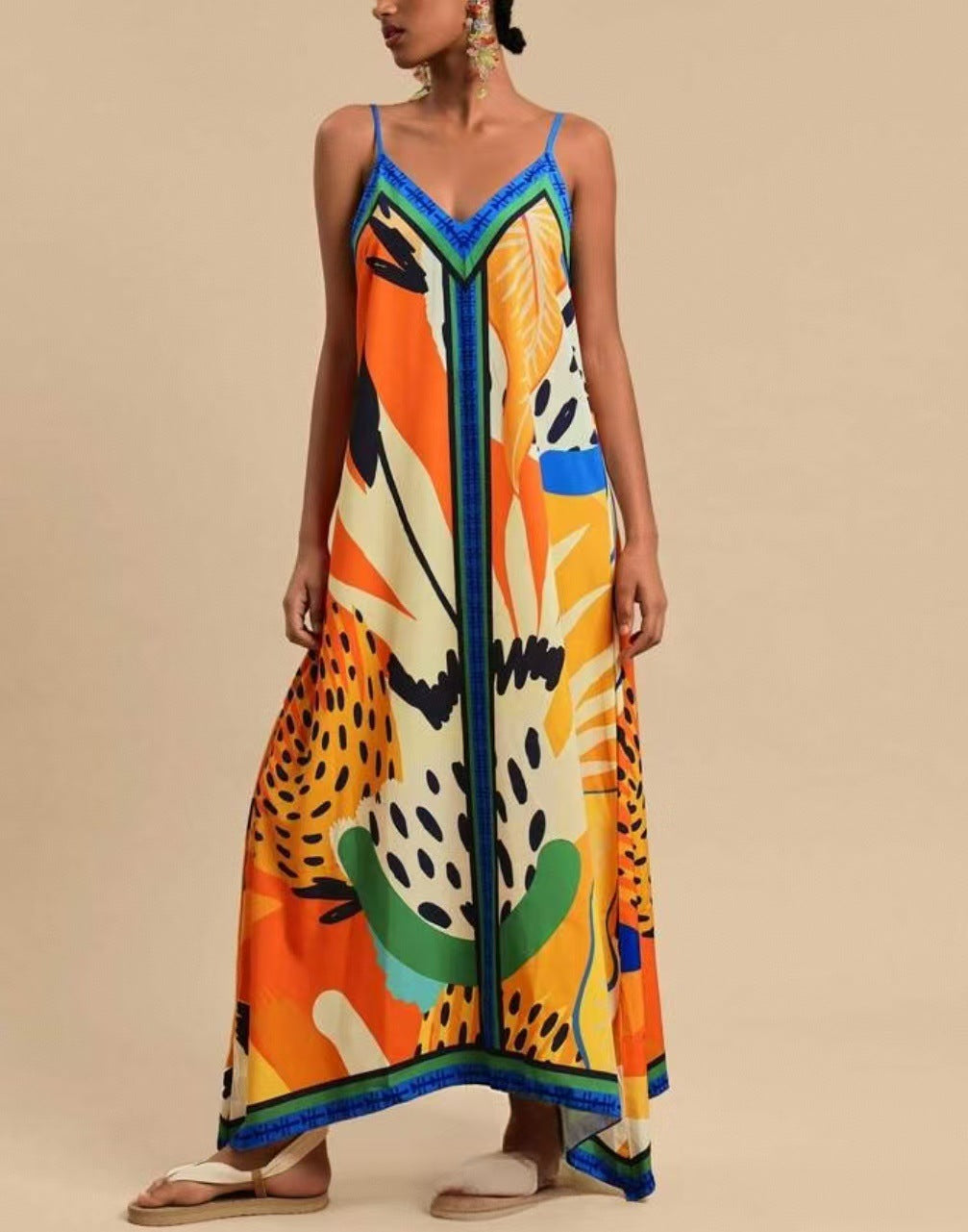 Bordered Tropical Print Slip Maxi Dress - Printed - 1