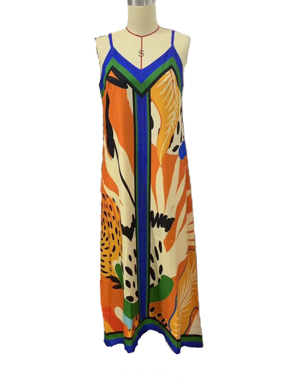 Bordered Tropical Print Slip Maxi Dress - Printed - 3