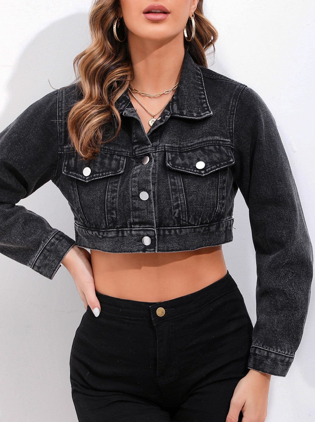 Boxy Cropped Denim Jacket With Chest Pockets - Black - 3