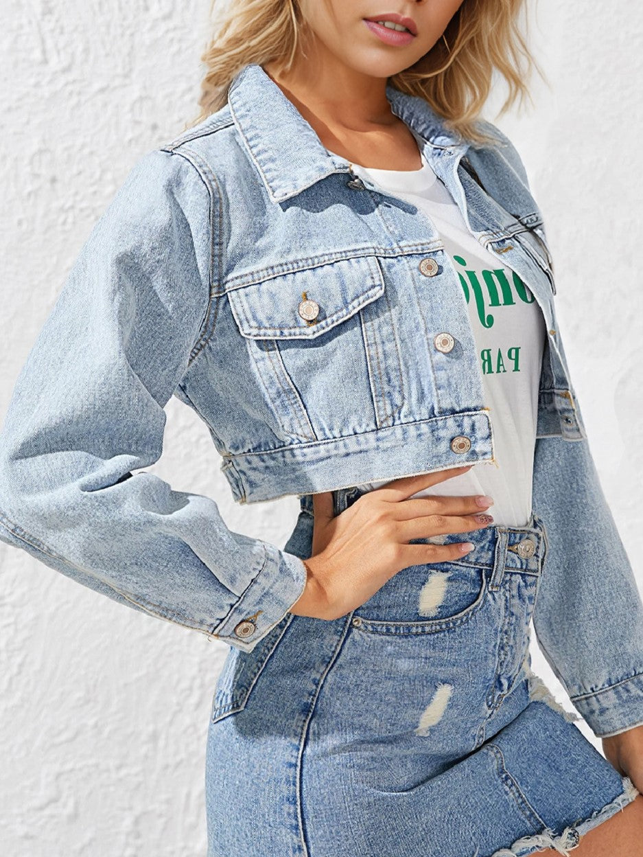 Boxy Cropped Denim Jacket With Chest Pockets - Blue