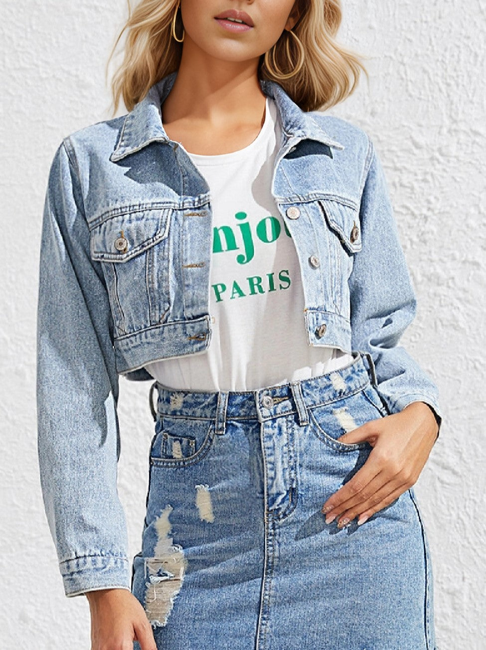 Boxy Cropped Denim Jacket With Chest Pockets - Blue - 1