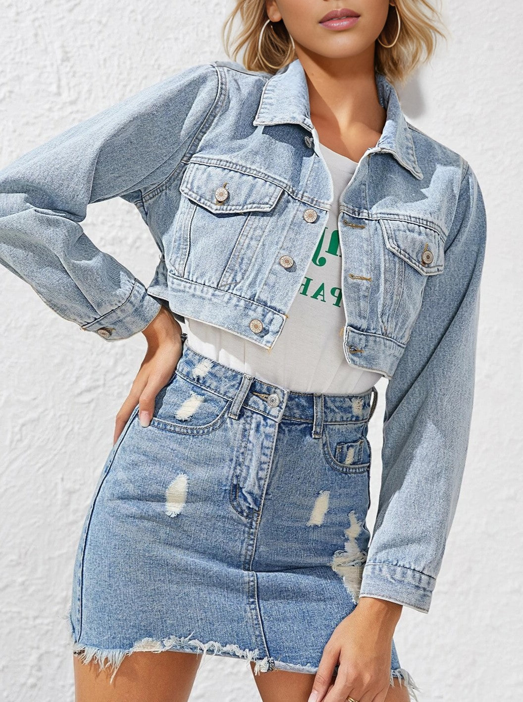 Boxy Cropped Denim Jacket With Chest Pockets - Blue - 2