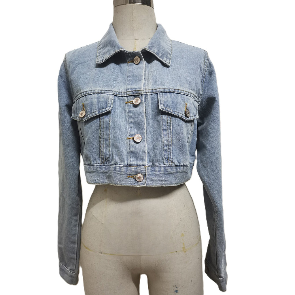 Boxy Cropped Denim Jacket With Chest Pockets - Blue - 4