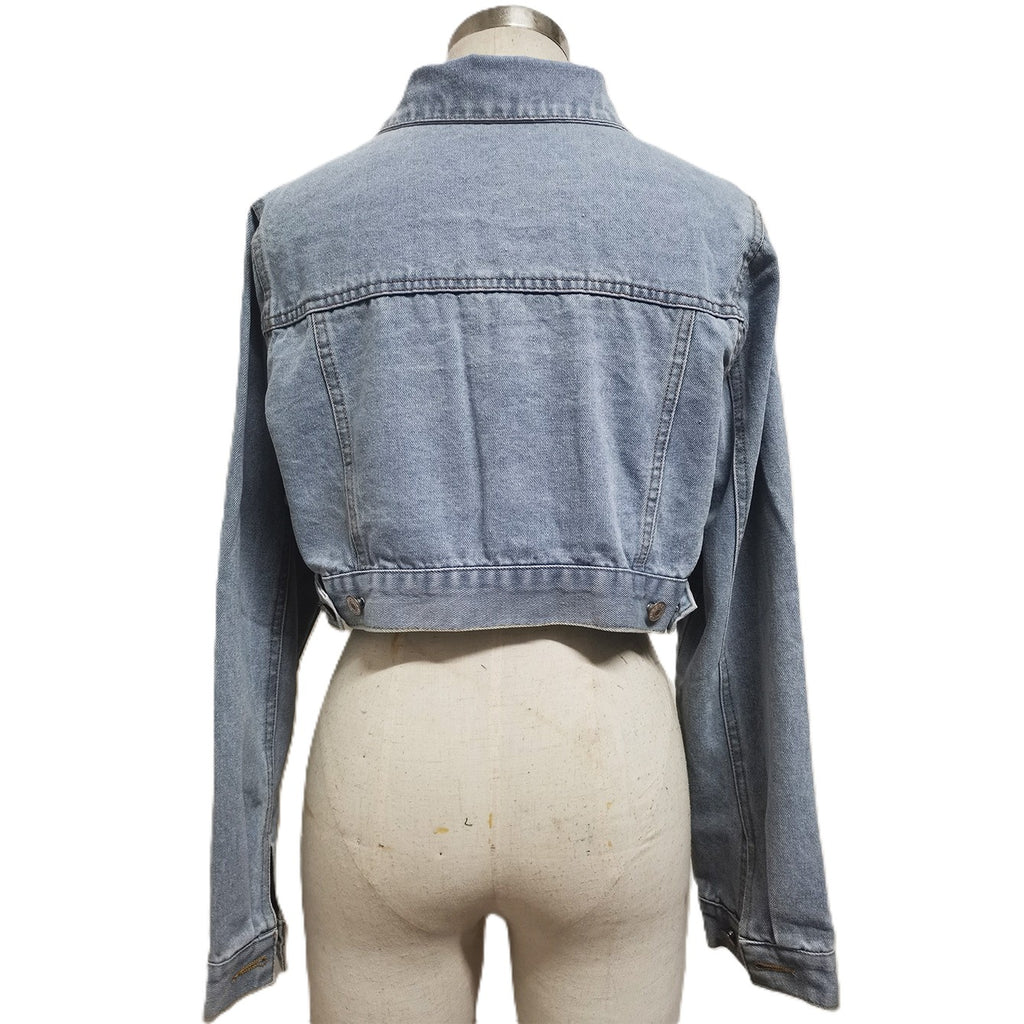 Boxy Cropped Denim Jacket With Chest Pockets - Blue - 5