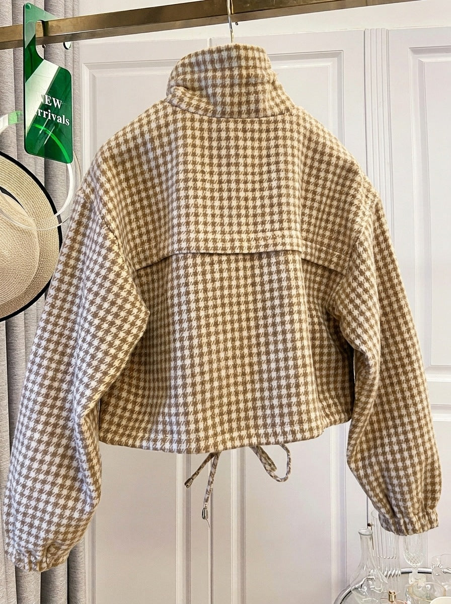 Gingham Check Stand Collar Drawstring Cropped Jacket - Apricot - 1