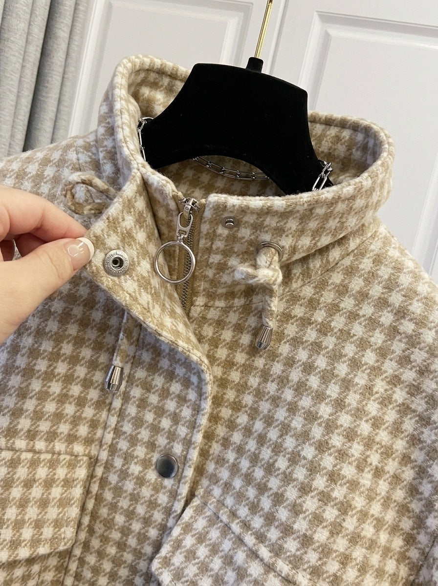 Gingham Check Stand Collar Drawstring Cropped Jacket - Apricot - 2