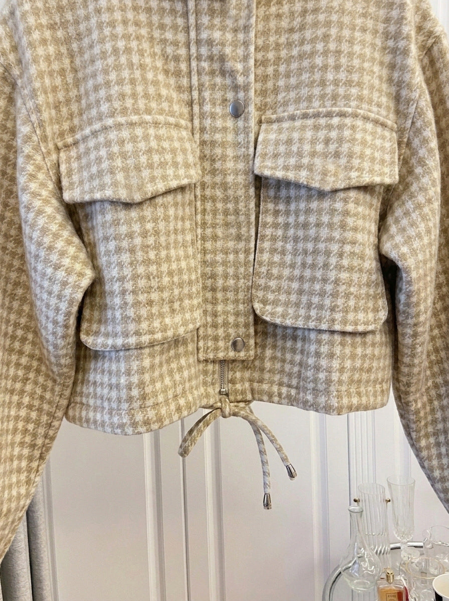 Gingham Check Stand Collar Drawstring Cropped Jacket - Apricot - 3
