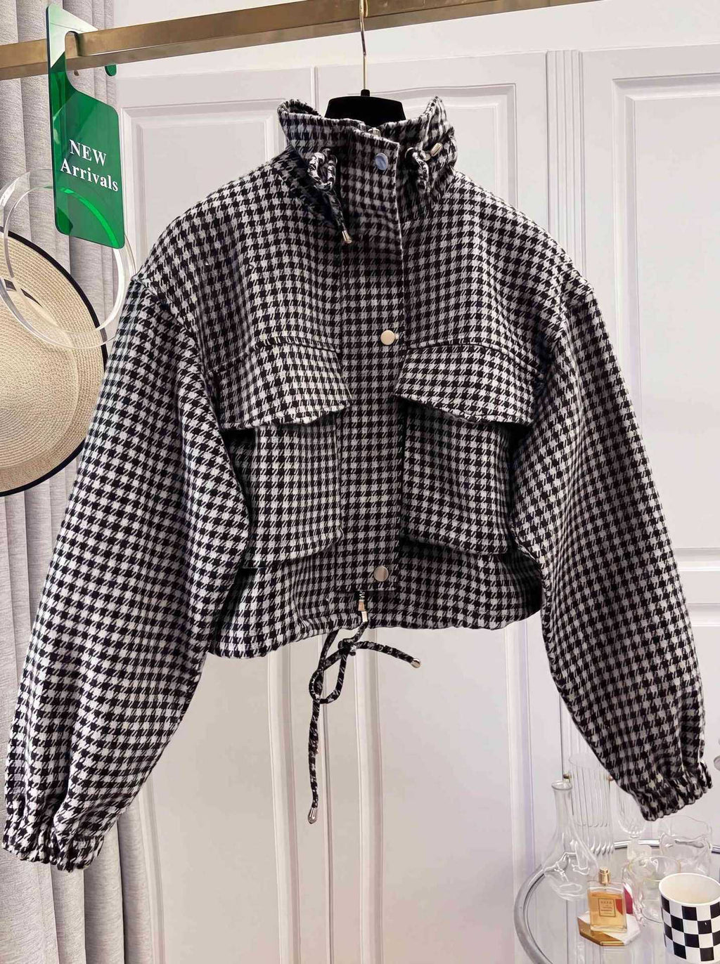Gingham Check Stand Collar Drawstring Cropped Jacket - Black