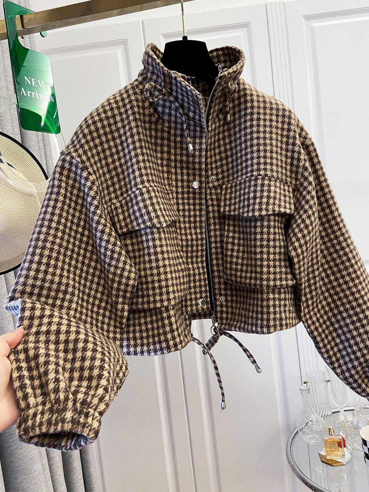 Gingham Check Stand Collar Drawstring Cropped Jacket - Brown