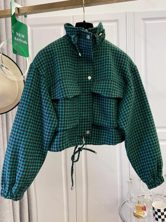 Gingham Check Stand Collar Drawstring Cropped Jacket - Green