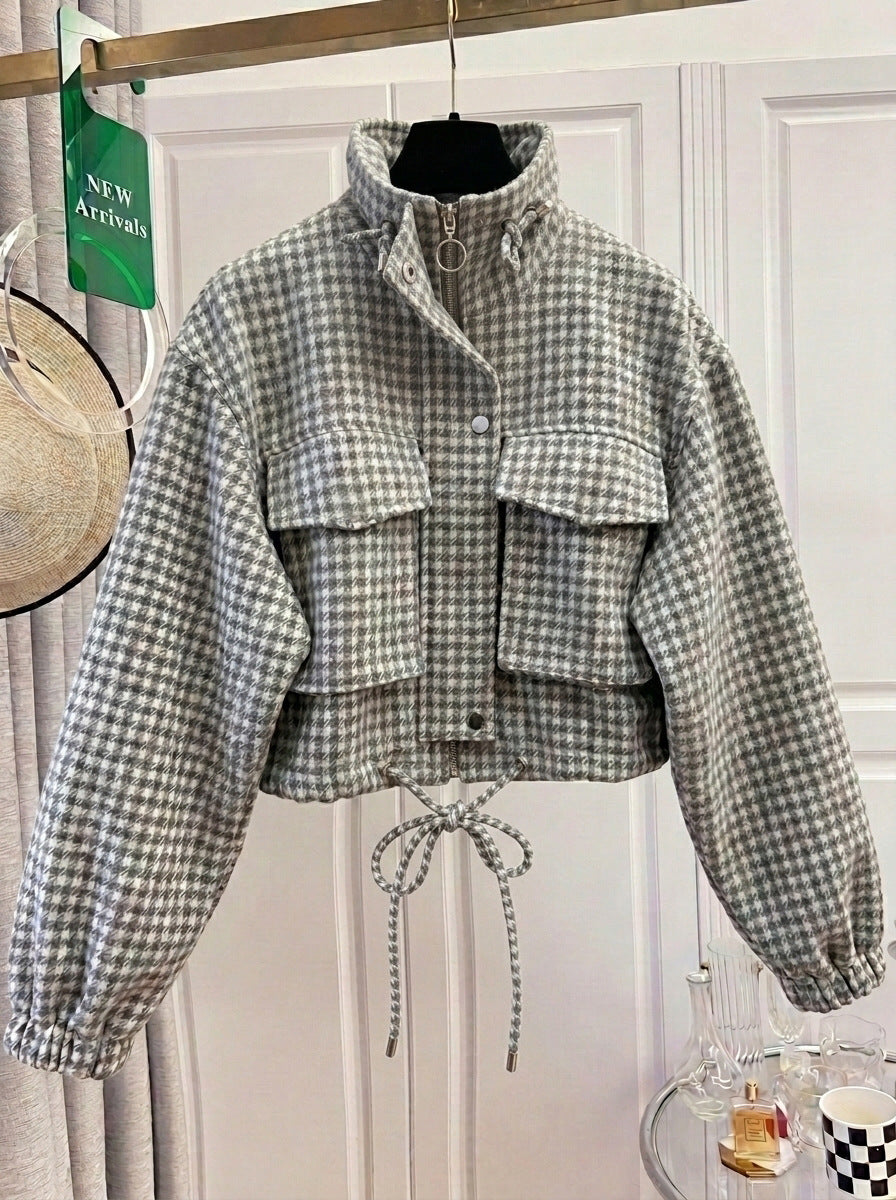 Gingham Check Stand Collar Drawstring Cropped Jacket - Grey