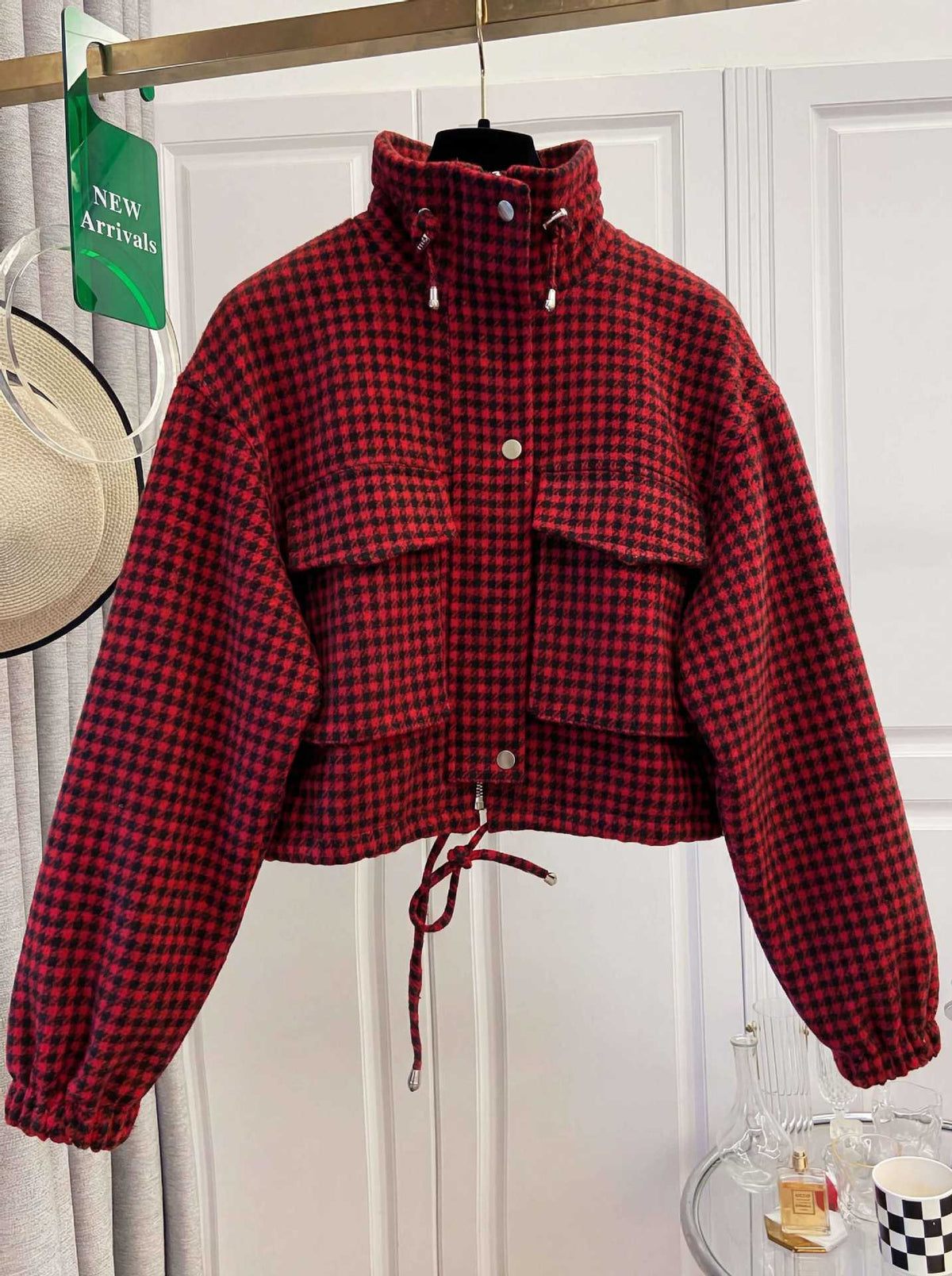 Gingham Check Stand Collar Drawstring Cropped Jacket - Red