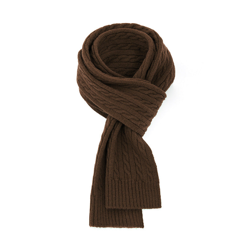Chunky Ribbed Knit Scarf With Cable Detail - Coffee