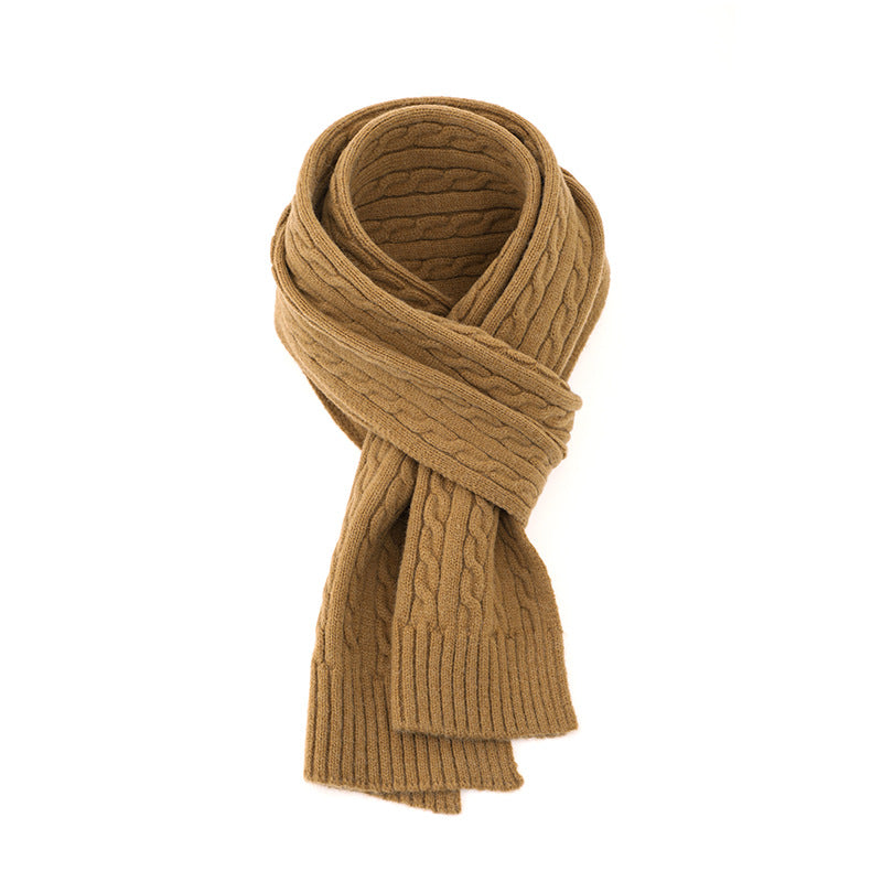 Chunky Ribbed Knit Scarf With Cable Detail - Khaki