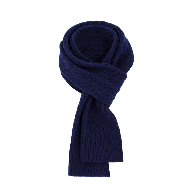 Chunky Ribbed Knit Scarf With Cable Detail - Navy