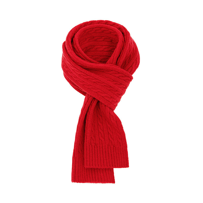Chunky Ribbed Knit Scarf With Cable Detail - Red