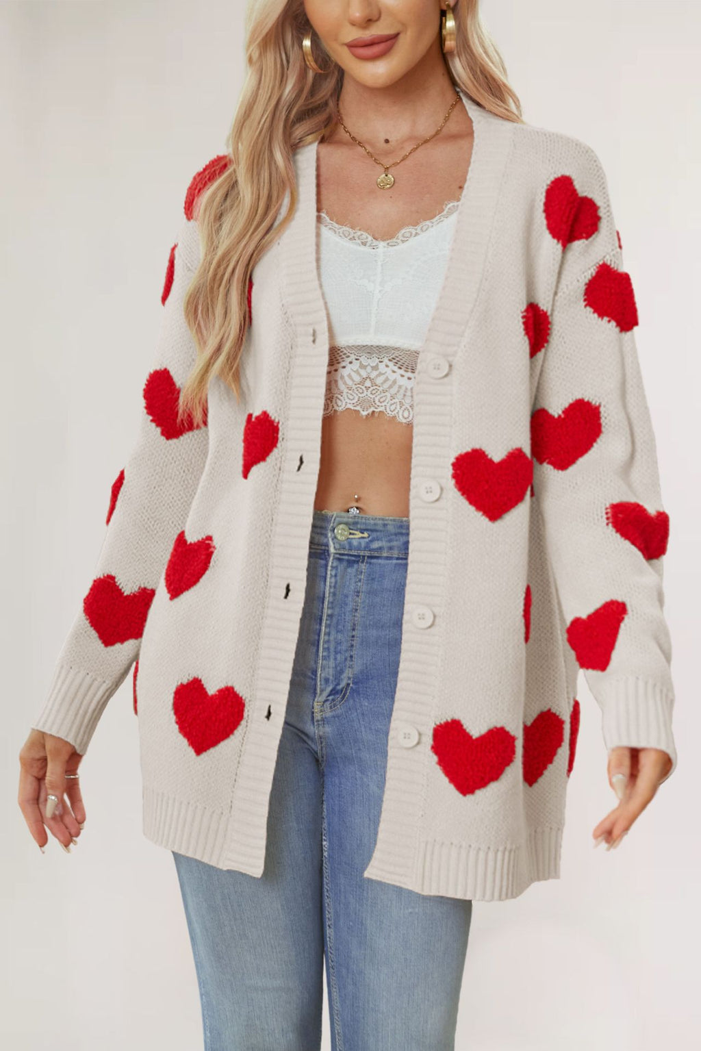 Heart Pattern Button Front Knit Cardigan - Apricot-1