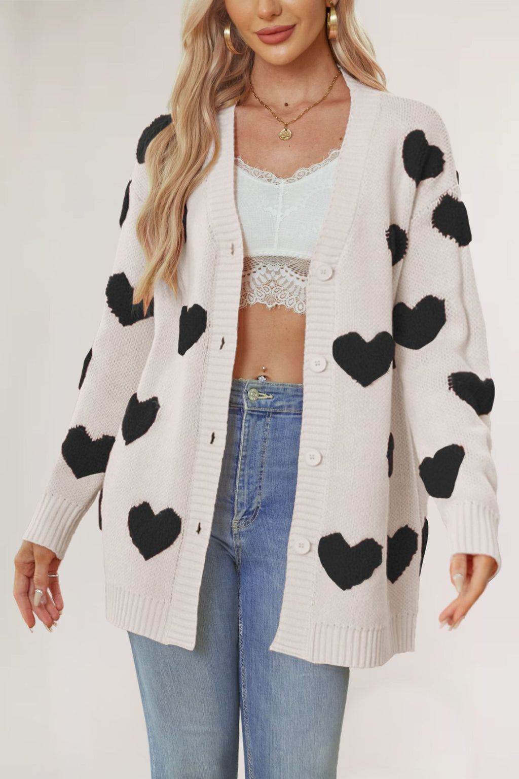 Heart Pattern Button Front Knit Cardigan - Apricot-2