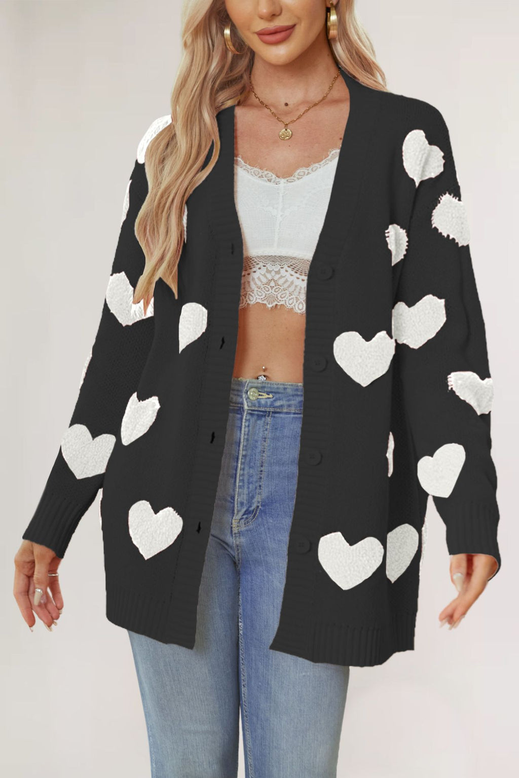 Heart Pattern Button Front Knit Cardigan - Black